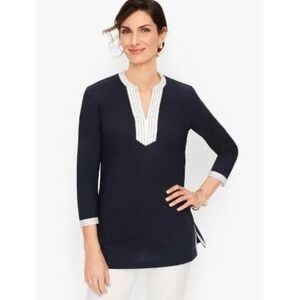 NEW Talbots Womens Cotton V-Neck Popover Blouse Size M Blue‎ Nautical Coastal